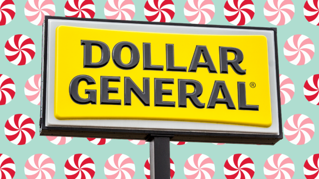 dollar general sign with a pink and red christmas background