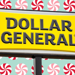 dollar general sign with a pink and red christmas background