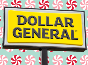 dollar general sign with a pink and red christmas background