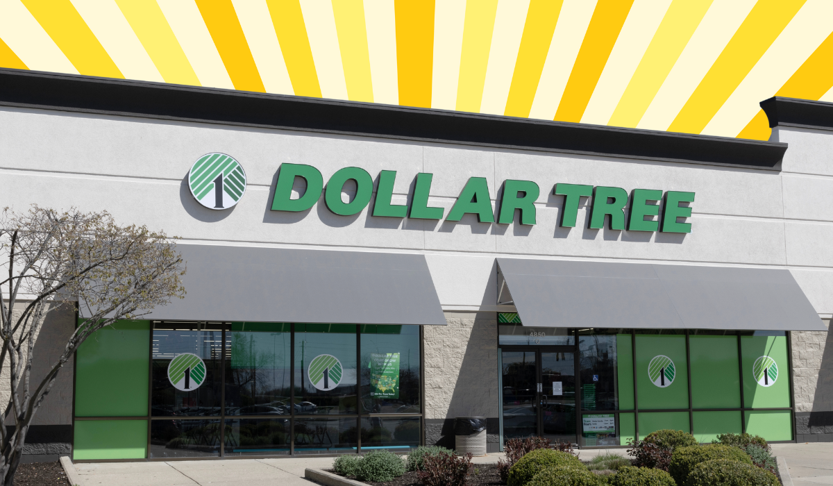 dollar tree against a yellow sunburst background