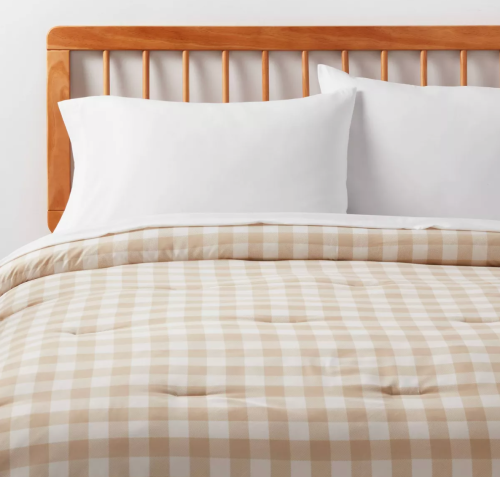 beige and white checked comforter