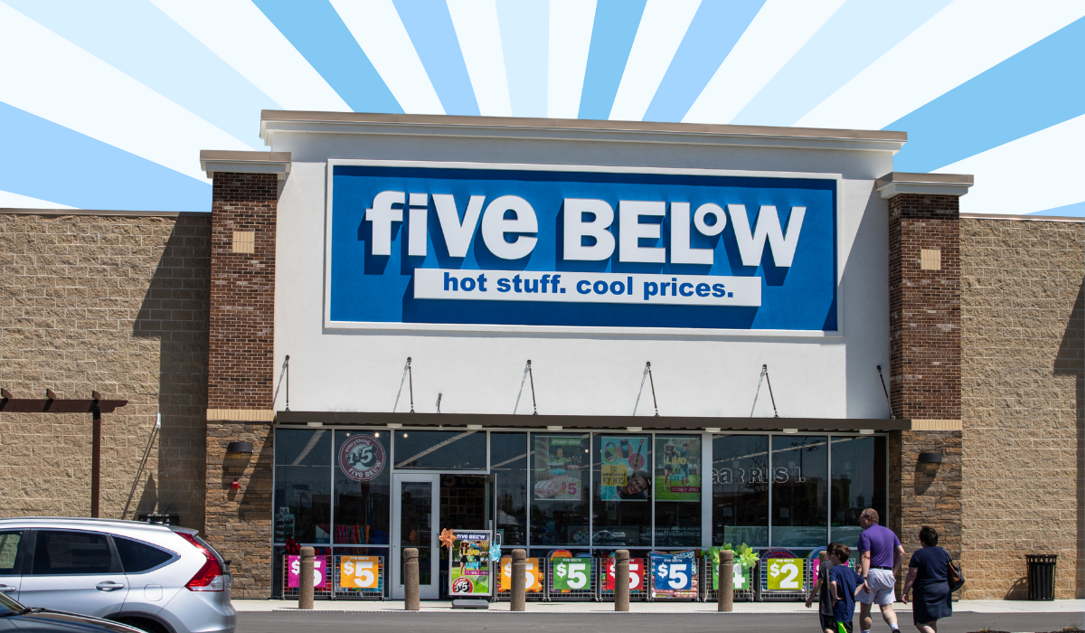 Five below storefront with a blue starburst background