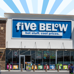 Five below storefront with a blue starburst background