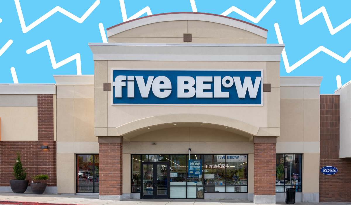 Five Below storefront with a light blue graphic background