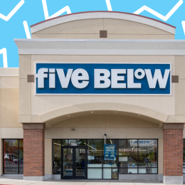 Five Below storefront with a light blue graphic background