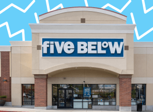 Five Below storefront with a light blue graphic background