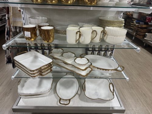 gold and white dishes