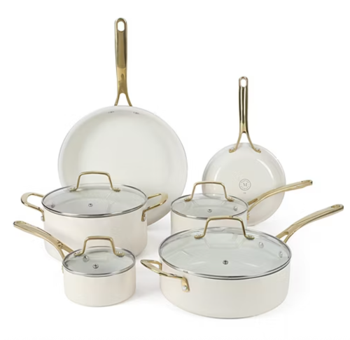 cream colored pots and pans