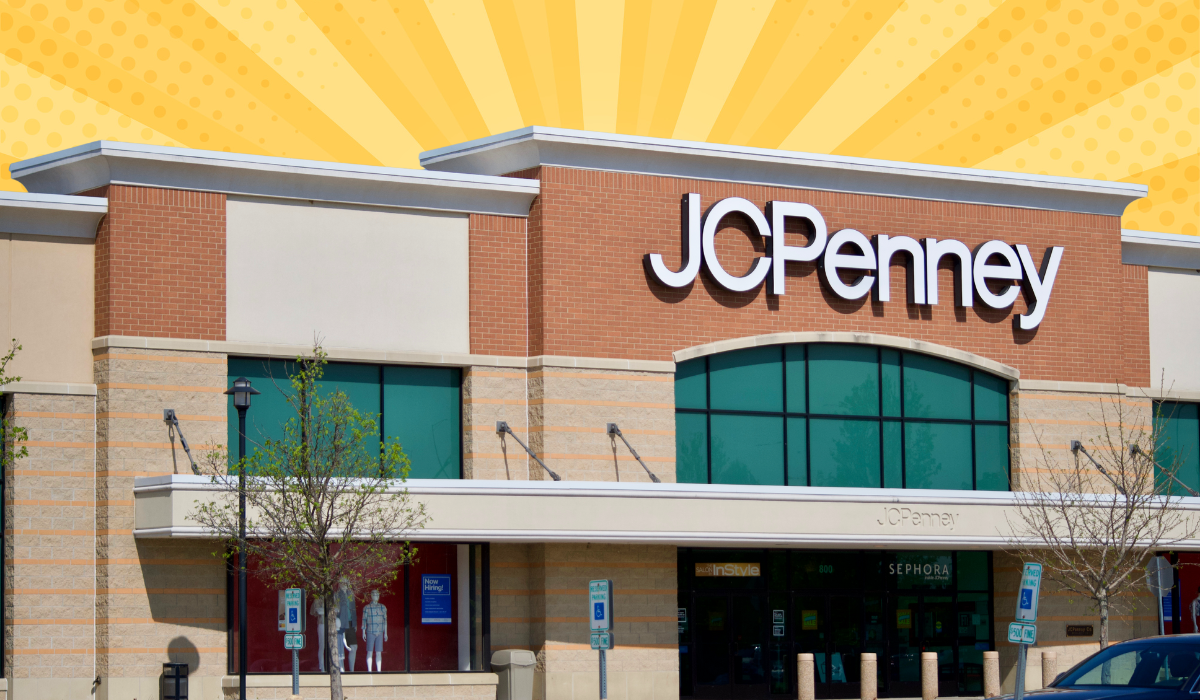 JCPenney storefront with a yellow sunburst background
