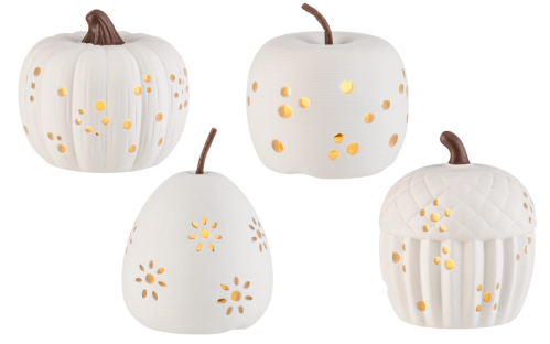 ceramic pumpkin, apple, pear, and acorn
