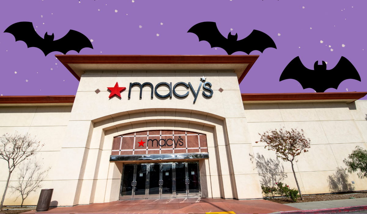 macy's storefront with a purple halloween bat background