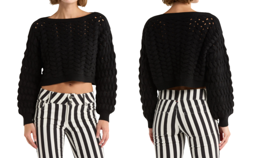 model wearing Alice & Olivia sweater