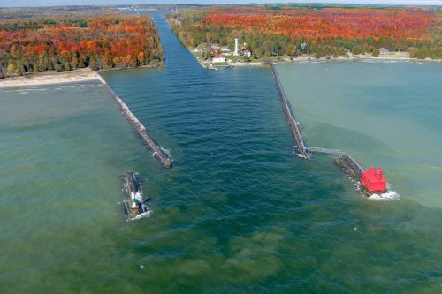 aerial view of a lighthouse in Sturgeon Bay Door County Wisconsin during fall and autumn colors.