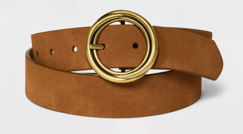 brown suede belt with gold buckle