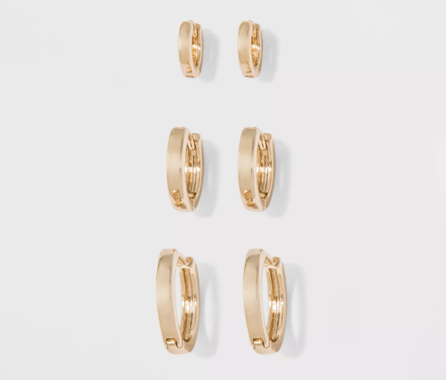 set of three small gold hoop earrings