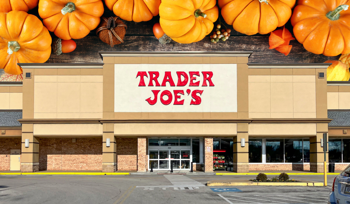 trader joe's storefront with a pumpkin background