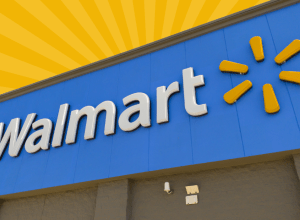 walmart storefront sign with a yellow sunburst background