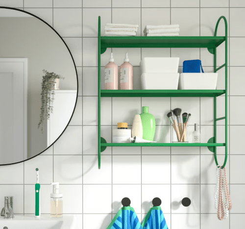 green shelf in bathroom