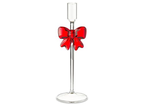 Large Clear Glass Christmas Taper Candle Holder with Bow