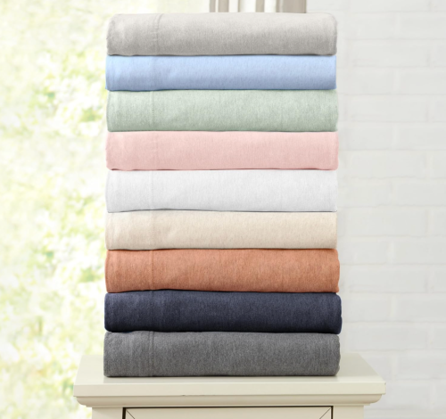 stack of jersey knit sheets in different colors