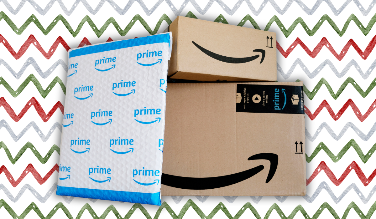 amazon boxes with a christmas background