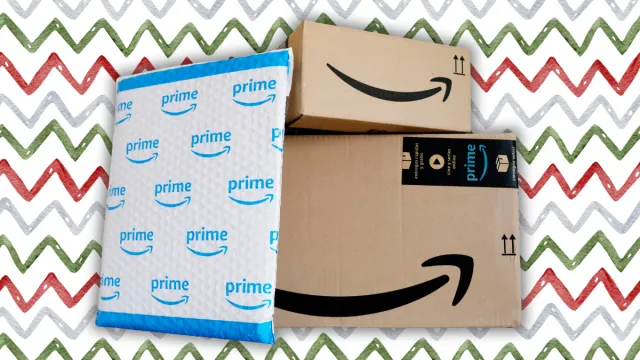amazon boxes with a christmas background