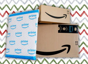 amazon boxes with a christmas background