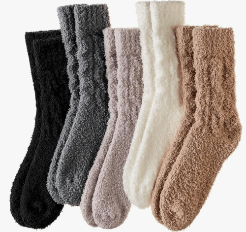five-pack of fuzzy fleece socks in neutral colors