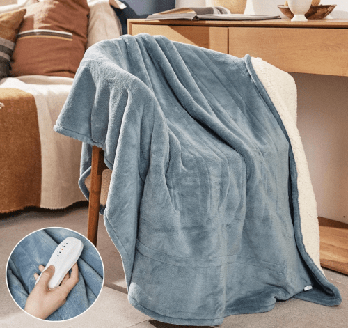 blue heated blanket on a chair