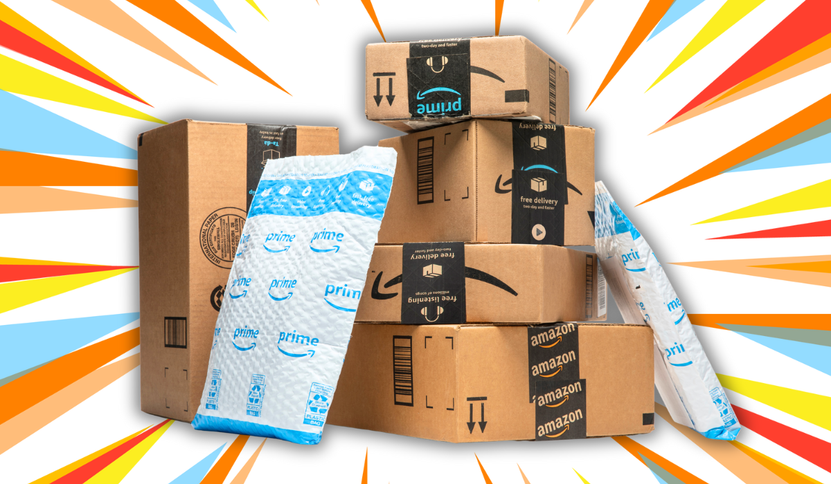 amazon packages with a colorful background