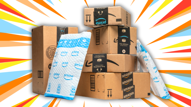 amazon packages with a colorful background