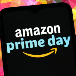 amazon prime day on a black phone screen with a colorful geometric background