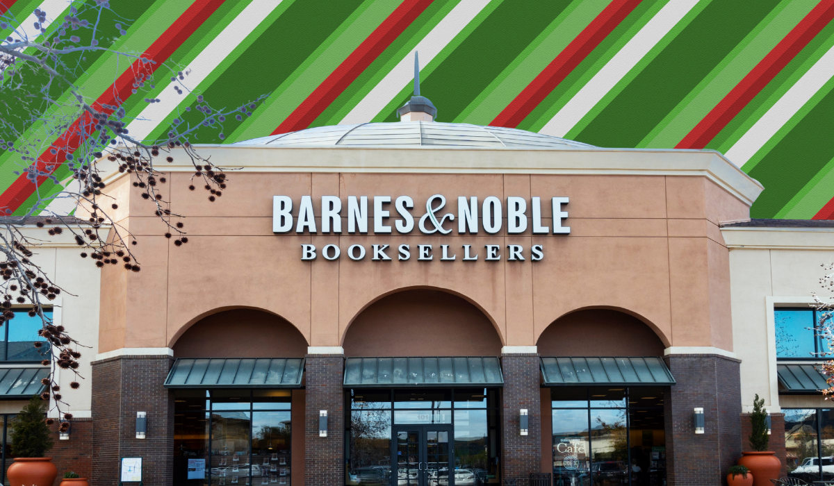 barnes and noble store with a striped christmas background