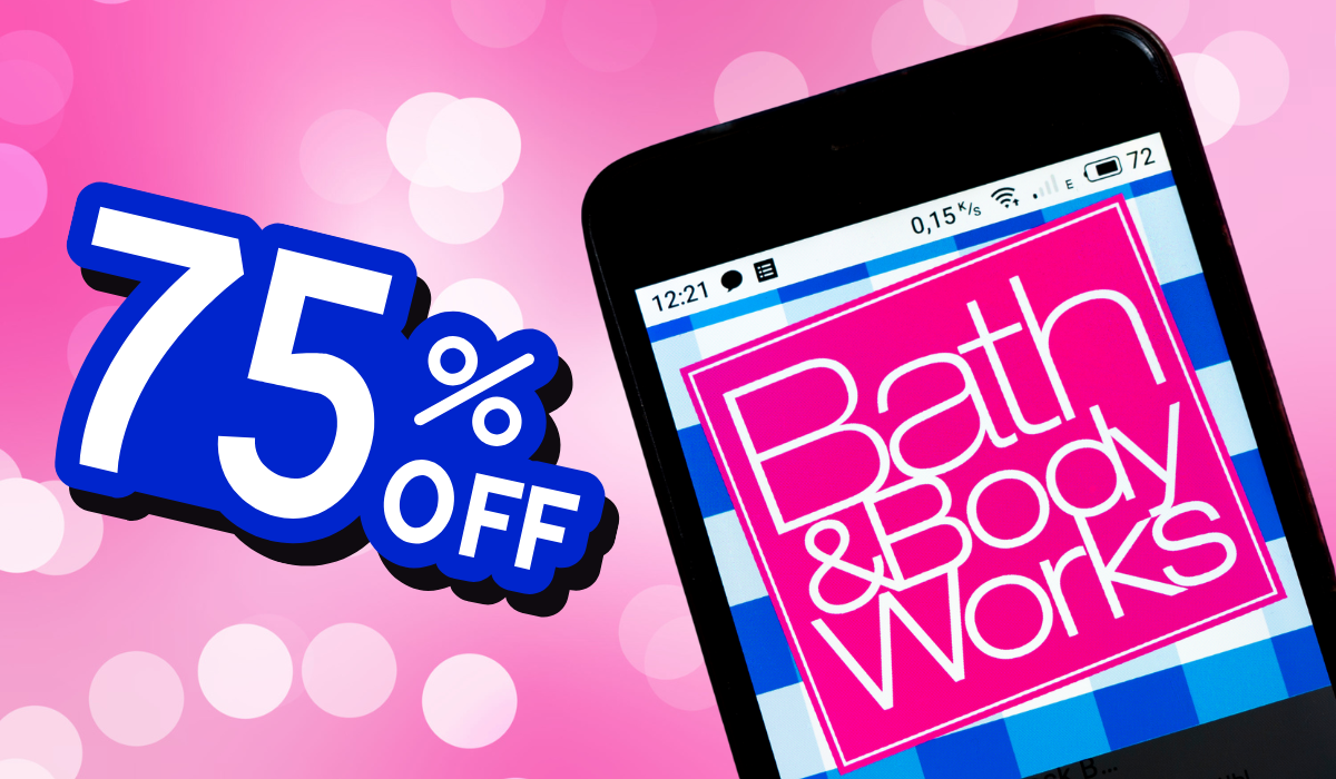 Bath & Body Works logo on a phone with a 75% off graphic on a pink background