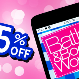 Bath & Body Works logo on a phone with a 75% off graphic on a pink background