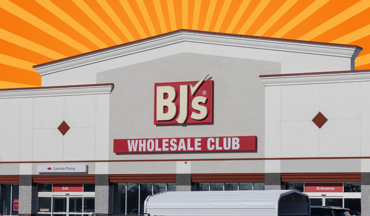 BJ's Wholesale Club store with an orange background