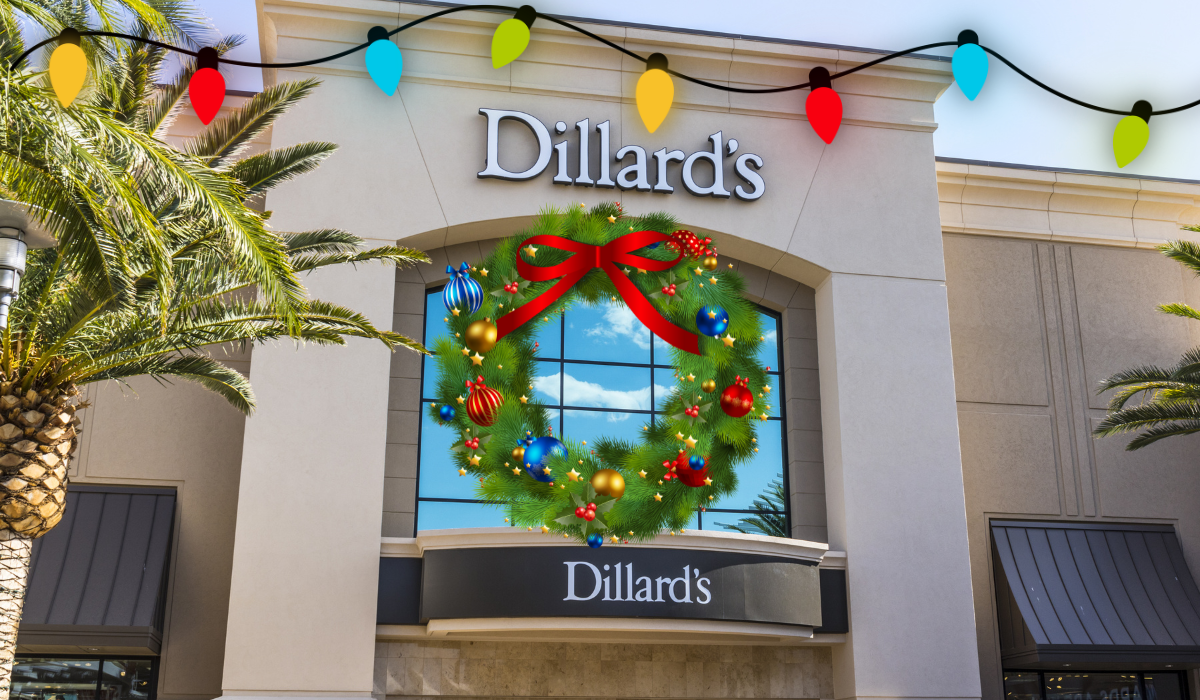 Dillard's storefront with a christmas wreath and lights