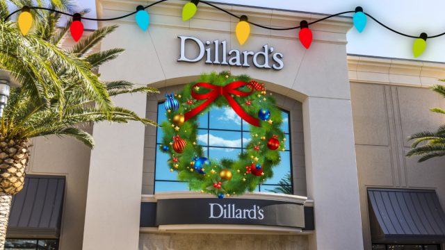 Dillard's storefront with a christmas wreath and lights