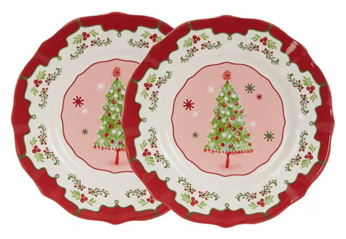 red and pink christmas tree accent plates