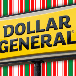 Dollar General sign with a striped Christmas background