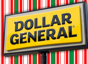 Dollar General sign with a striped Christmas background