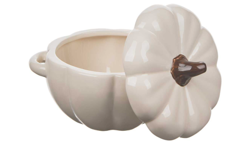 white ceramic pumpkin soup bowl