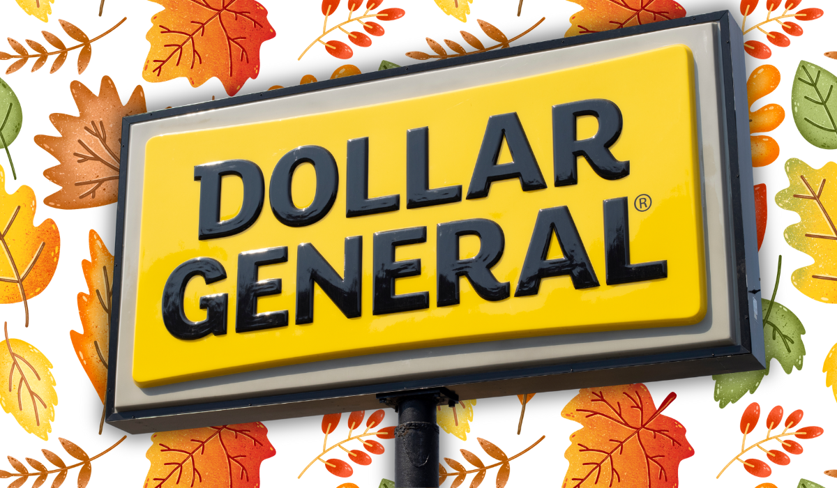 dollar general sign with a fall leaves background