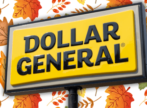 dollar general sign with a fall leaves background