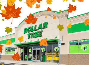 dollar tree storefront with falling leaves
