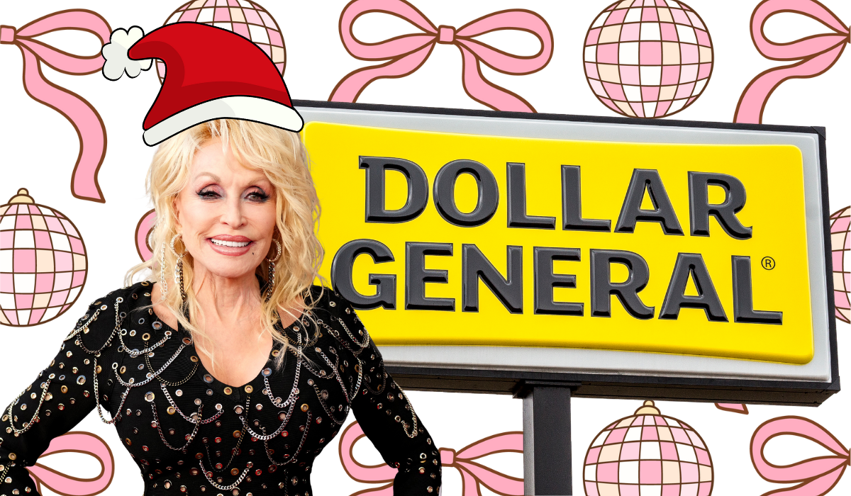 Dolly Parton wearing a Santa hat next to a Dollar General sign