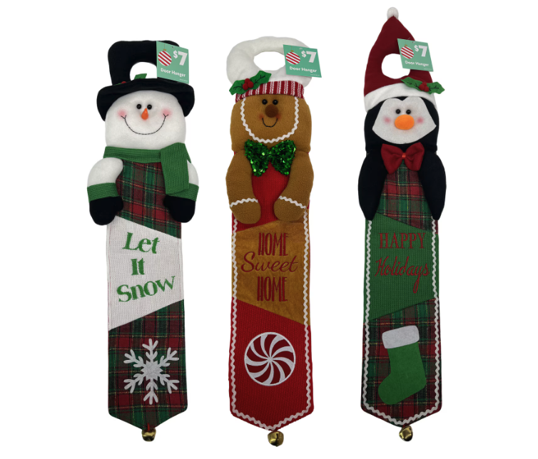 A snowman, gingerbread man, and penguin plushy Christmas door hanger