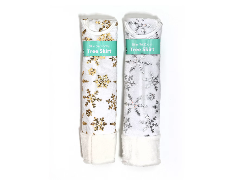 A gold and silver Christmas tree skirt