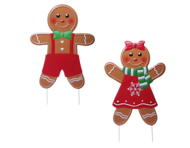 A set of gingerbread stake lawn ornaments