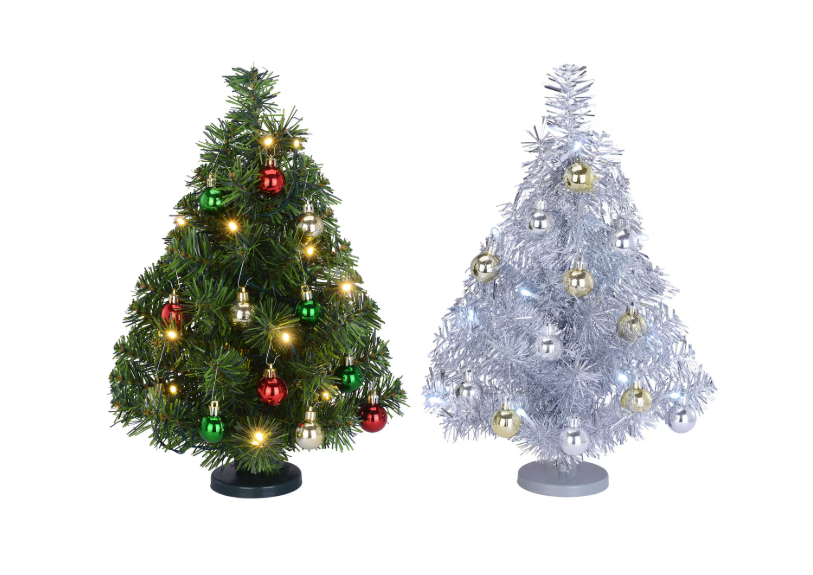 A green and a silver mini artificial Christmas tree with lights